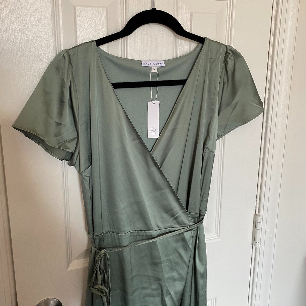 Baltic Born, Eucalyptus Satin Wrap Gown, L